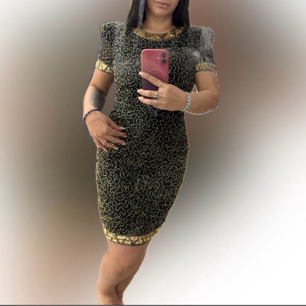 A.J. Bari Silk Black and Gold Mini Dress